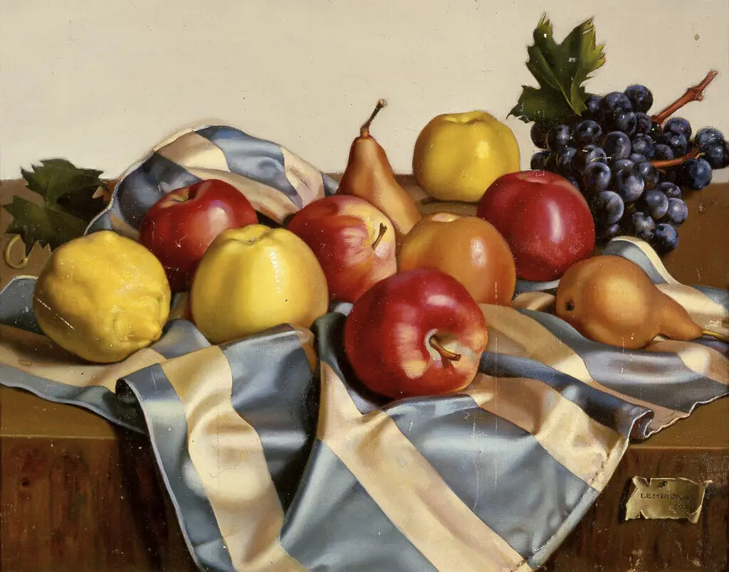 Tamara de Lempicka's "Still Life of Fruit and Draped Silk," 1949, at the Museum of Fine Arts, Houston. (© Tamara de Lempicka Estate, LLC / ARS, NY / ADAGP, Paris)