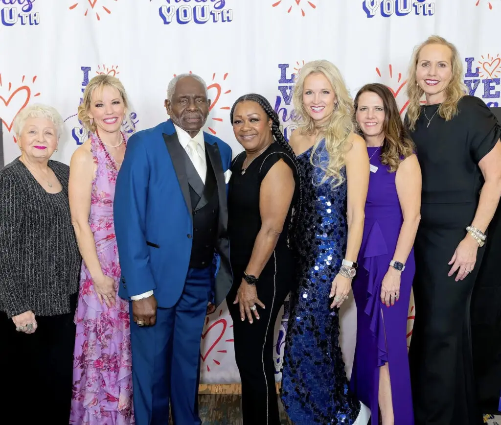 Charlotte Belin, Rebecca Smith-Nash, Bishop WC Martin, Donna Martin, Sondra Ruhman, Marliese Stripling, Kat Rummell at the 2025 Love Heals Youth gala. (Photo courtesy of Love Heals Youth)