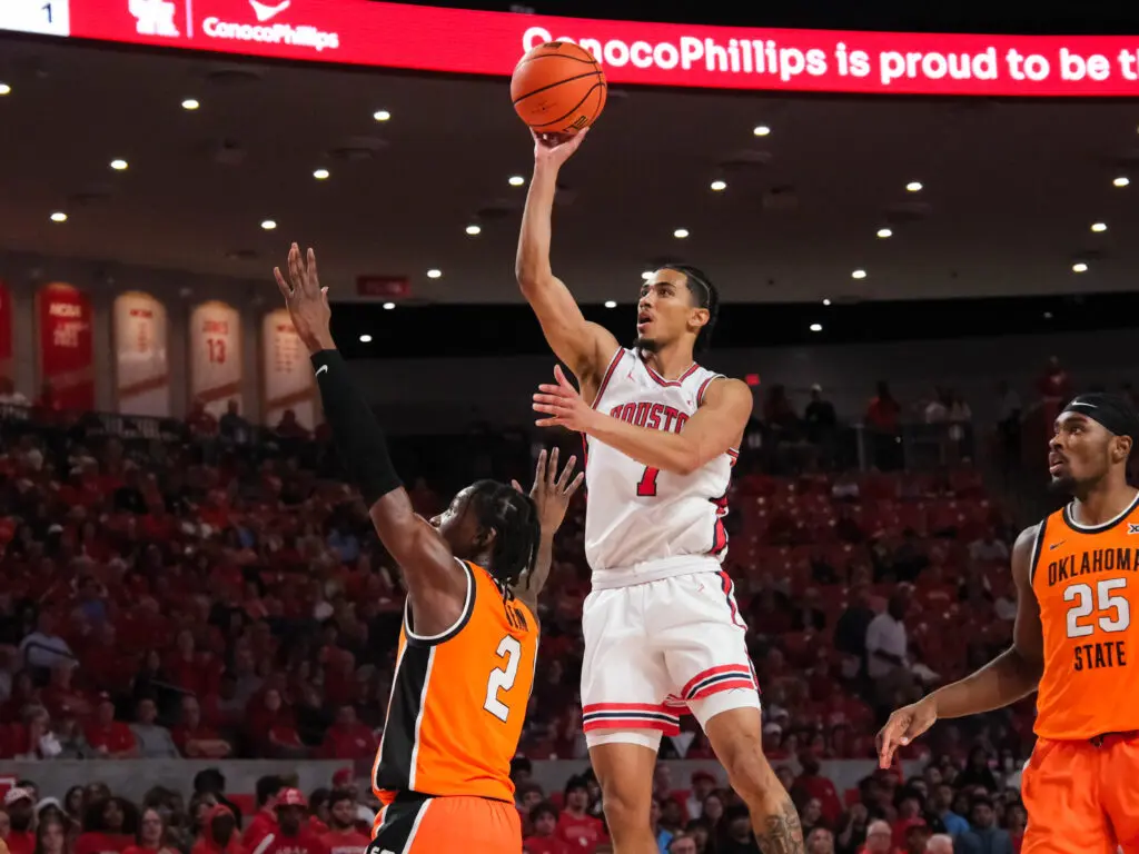University of Houston point guard Milos Uzan's floater is a real weapon for this UH offense. (Photo by F. Carter Smith)