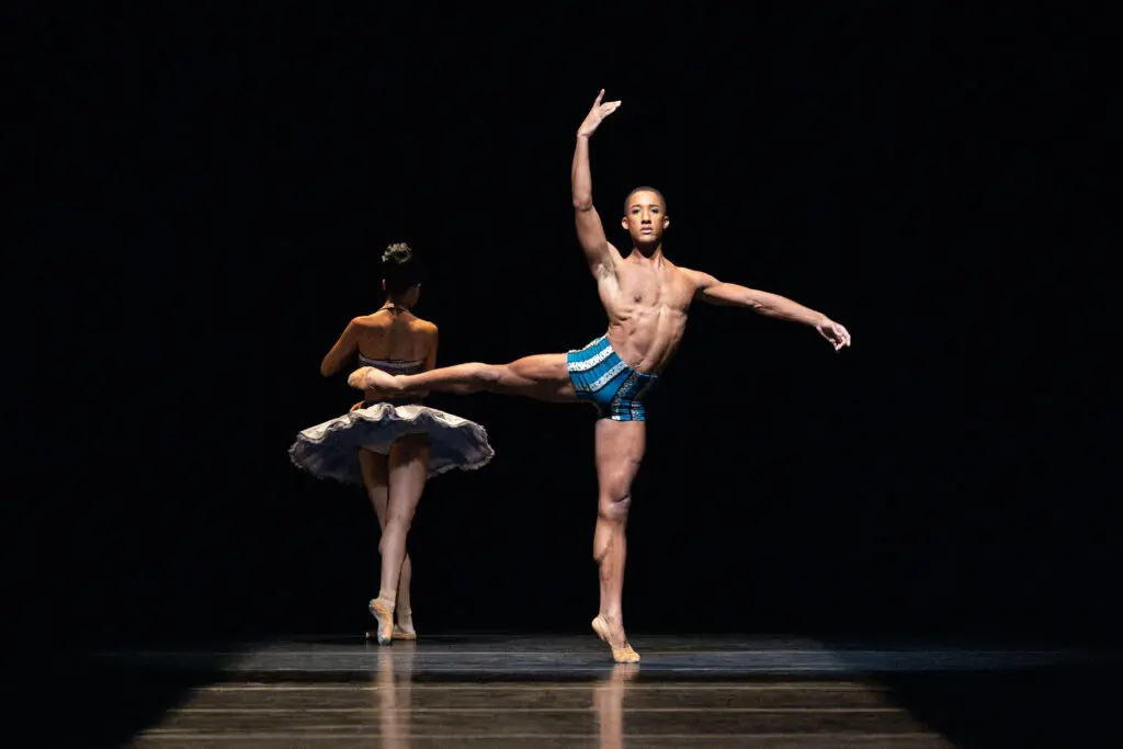 Houston Ballet First Soloist Harper Watters and Artist of Houston Ballet in Stanton Welch’s Tu Tu. 
(Photo by Lawrence Elizabeth Knox (2023) courtesy of Houston Ballet)
