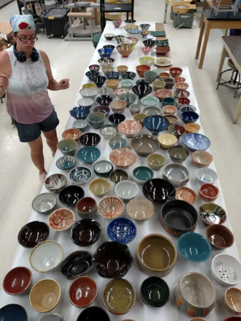 A long line of handcrafted ceramics awaits display at Empty Bowls Houston. (Photo courtesy Empty Bowls Houston)