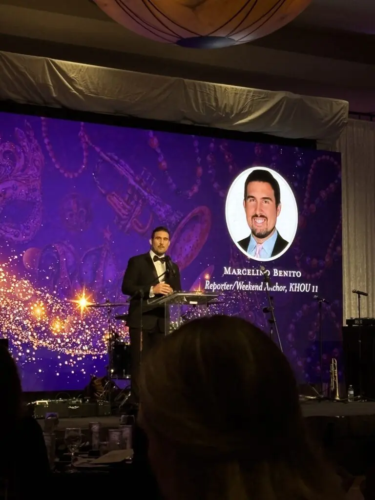 KHOU anchor Marcelino Benito was the emcee for the 2025 Alzheimer's Association's Mardi Gras Memory Ball gala at The Woodlands Waterway Marriott. (Photo by Laura Landsbaum)