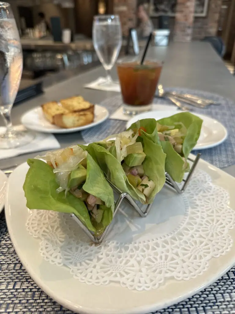Ceviche tacos with a Louisiana twist on the new bar menu at Brennan's Houston