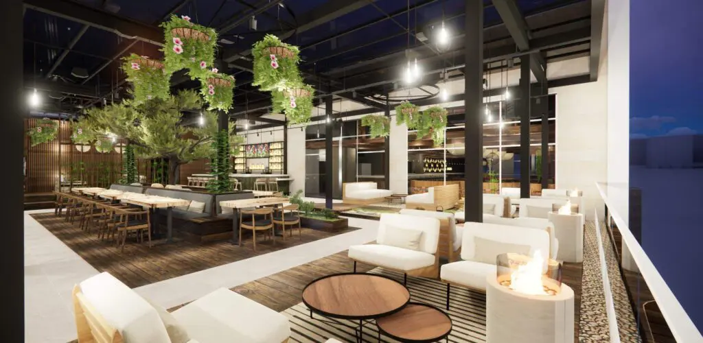 The 6,000-square-foot space will feature indoor and outdoor seating, two bars, a private Tatami room, and a 20-seat sushi bar. (Courtesy rendering)