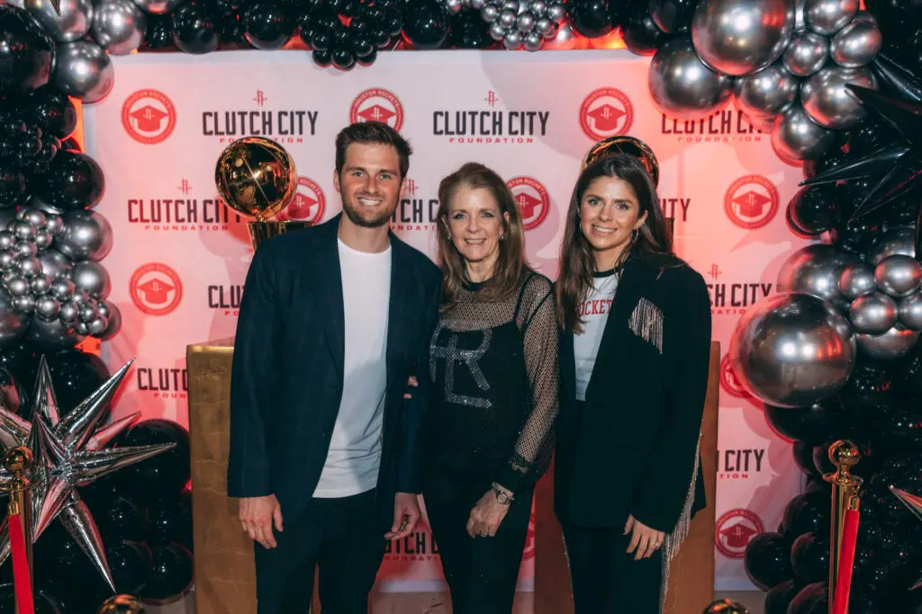 Patrick Fertitta, Paige Fertitta, Blayne Fertitta at the Rockets Clutch City Foundation gala held on the grounds of the Fertitta family home in River Oaks (Photo courtesy of Rockets.com)