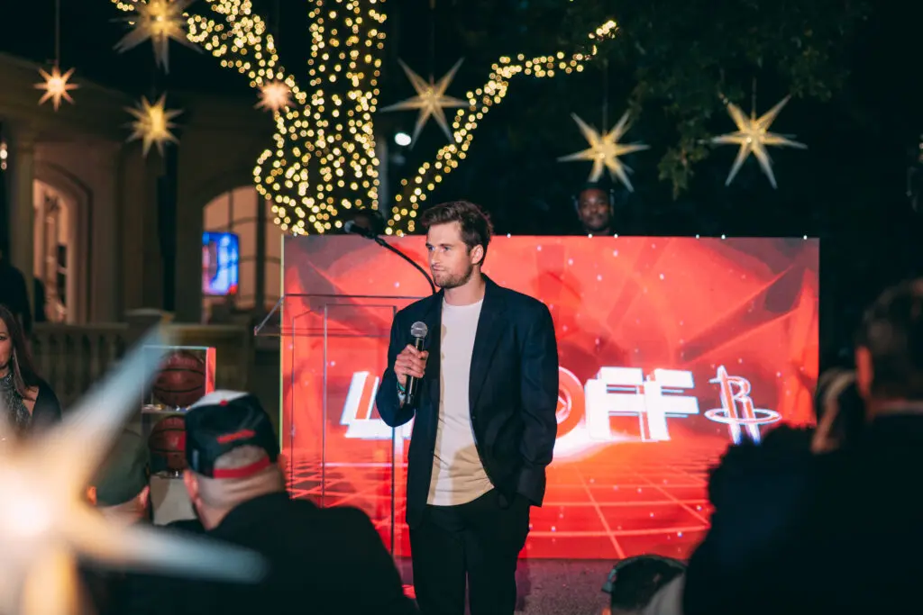Patrick Fertitta on stage at the Rockets Clutch City Foundation gala held on the grounds of the Fertitta family home in River Oaks.  (Photo courtesy of Rockets.com)