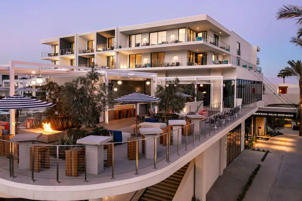 A collaboration between SMS Architecture and B2 Design Co., Thompson Palm Springs "took inspiration from the city’s rich history as a destination for bespoke modern architecture and the intuitive aesthetic of the Thompson brand, to create an atmosphere of city sophistication in a serene environment."