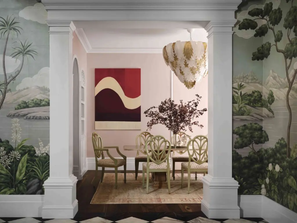 The dining-room chairs are Round Top finds and covered in Fortuny silk. Rebecca Ward painting. Murano chandelier from Legacy Antiques & Modern.  (Photo by Douglas Friedman)