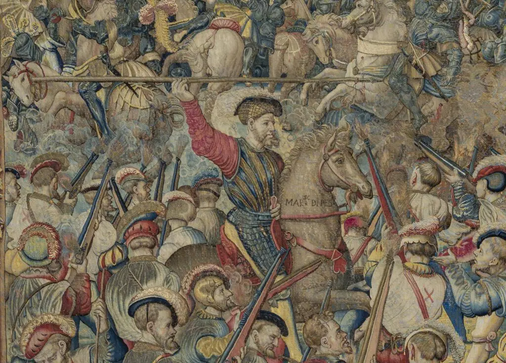 "The Imperial Attack on the French Cavalry, Led by the Marquis of Pescara, and on the French Artillery by the Lansquenets under Georg von Frundsberg" (detail), circa 1528–1531, designed by Bernard van Orley, woven by Willem and Jan Dermoyen, at MFAH © Museo e Real Bosco di Capodimonte