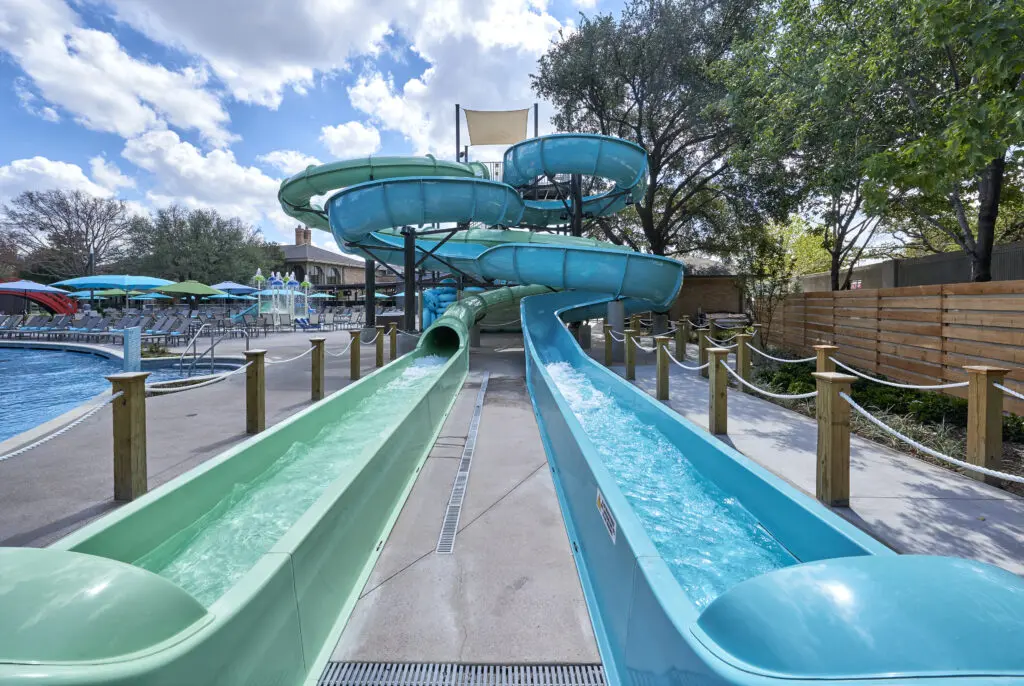180-foot water slides await for kids and adults alike.
