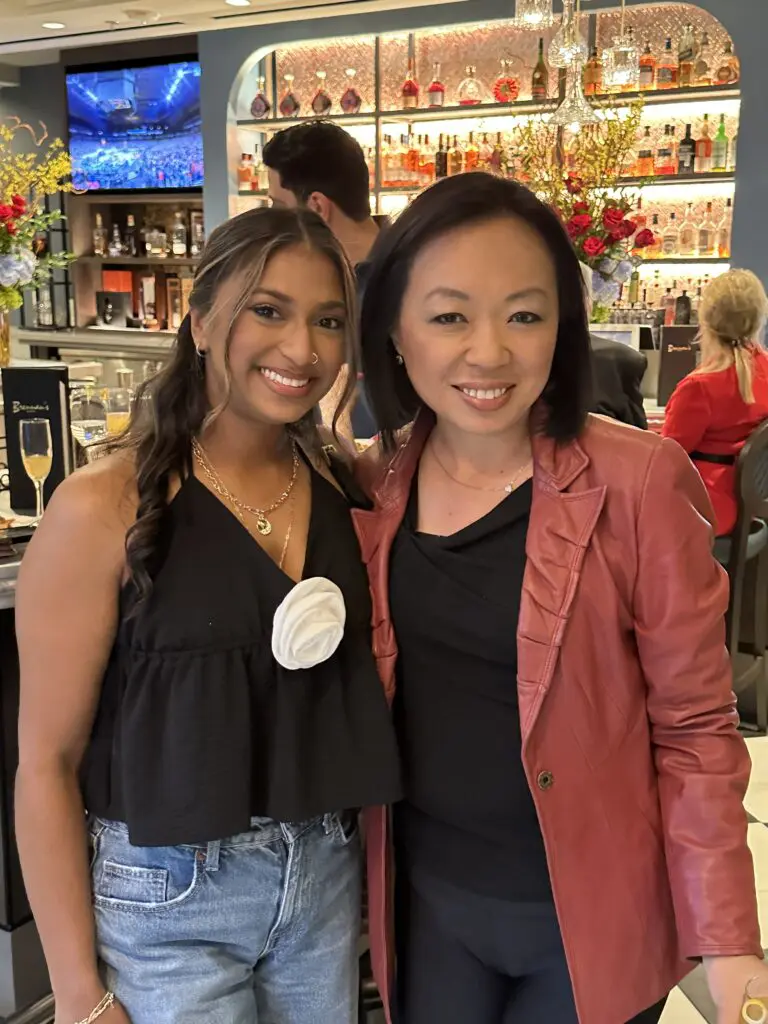 KTRK Channel 13 star news reporter Miya Shay, right, with friend at Brennan's Houston Courtyard Bar opening festivities. (Photo by Shelby Hodge)