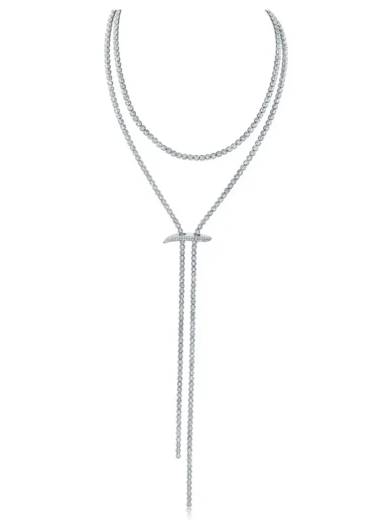 One of Jo Latham’s standout pieces: the Mega Swirl Slide Lariat Necklace, featuring over 10 carats of G-H SI1 white diamonds in 18K gold, available in-store for $41,500. (Courtesy)