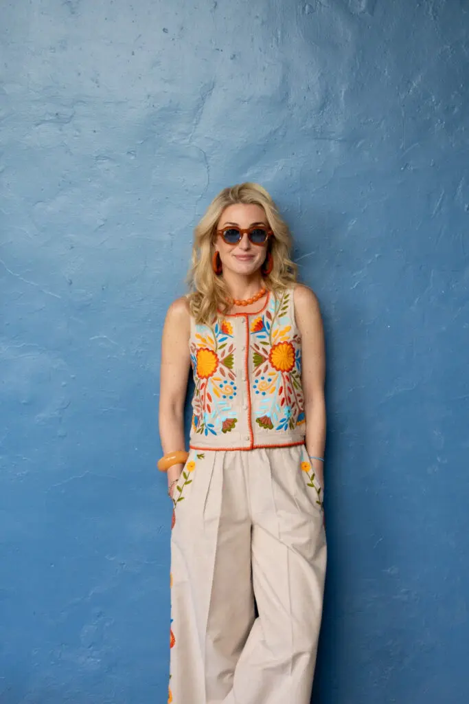 The "Alba Natural y Multicolor" vest ($545) and "Paola Natural y Multicolor" pants ($345), as modeled by Natalie Steen.  (Photo by Dalí Nelio)