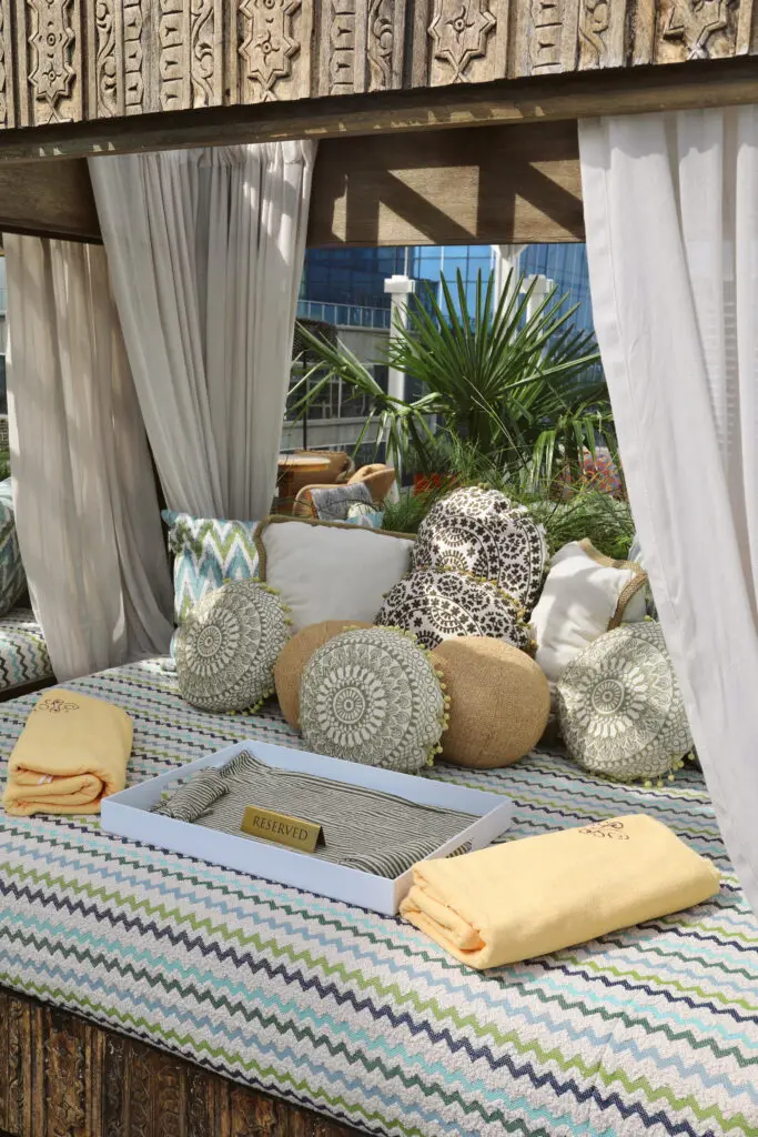 Missoni's striking color palette and signature patterns will adorn branded lounger covers that surround the property's infinity-edge pool. (Photo by Hôtel Swexan)