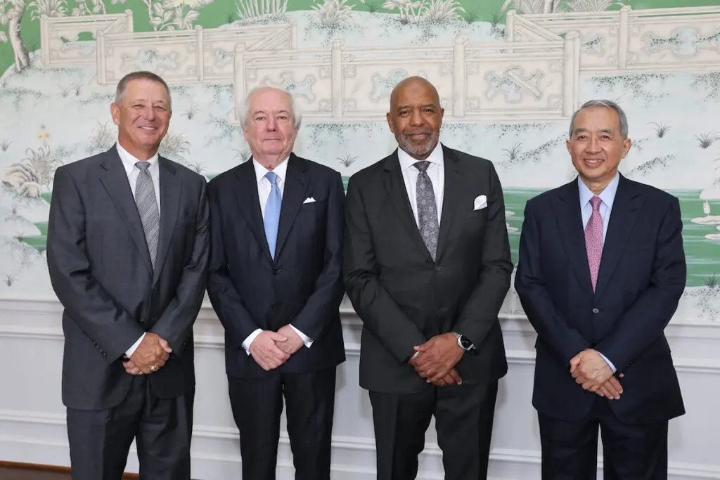 Men of Distinction board chair David Wuthrich with 2025 honorees John Bookout IIIm Dr. Bernard Harris Jr. and Albert Chao at the annual Men of Distinction luncheon. (Photo by Priscilla Dickson)