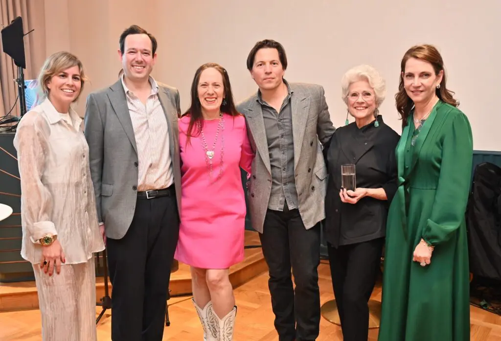Untitled Art executive director Clara Andrade Pereira, Nate Freeman, Catherine D. Anspon, Untitled Art, Houston director Michael Slenske, Betty Moody, Aliyya Stude at Untitled Art, Houston VIP Weekend at Park House (Photo by Alex Montoya)