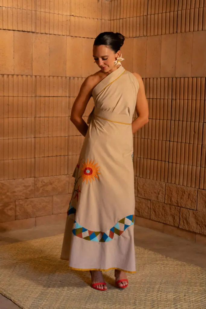 Cristina Lynch wears the "Wrap Skirt Vida," which can also be tied as a halter-style dress ($795).  (Photo by Dalí Nelio)