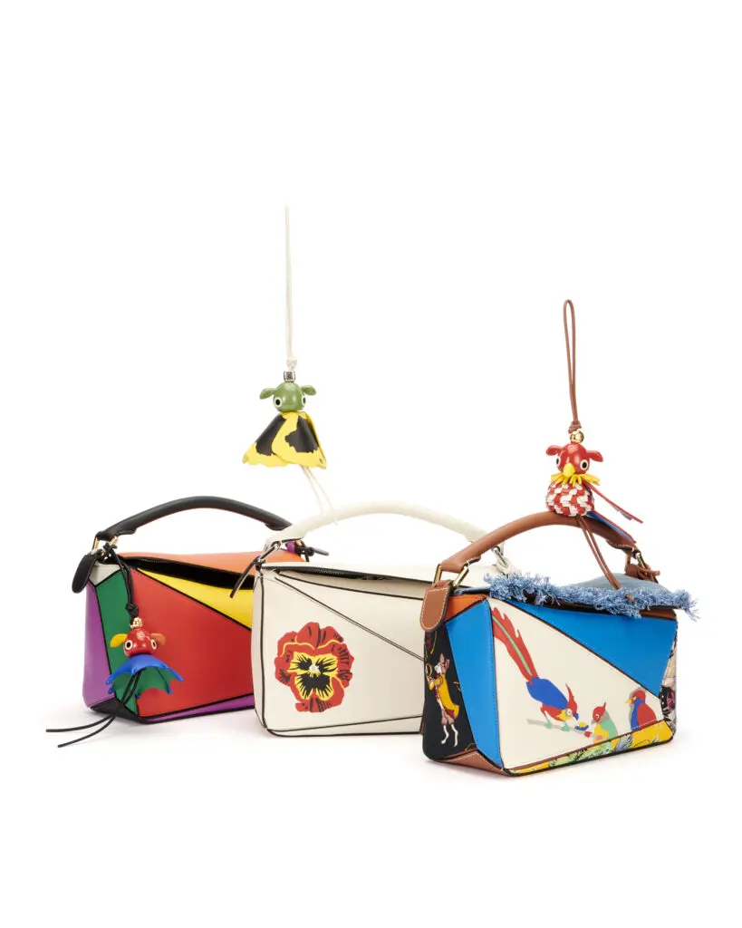 To celebrate, Loewe just dropped the Puzzle 10 collection, which include 19 re-editions of favorite animations from the last decade, in addition to one spectacular (and particularly festive!) new design. (Photo by Loewe)