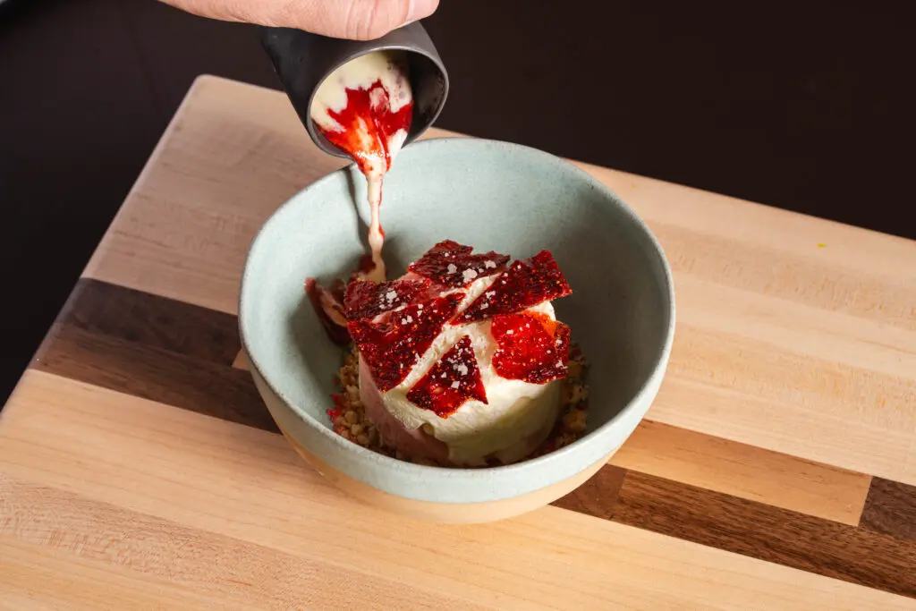 Desserts and breads are all made in-house by pastry chef Priscilla Trevino and include a strawberry thyme semifreddo with shortbread crumble and a surprise of strawberry Pop Rocks.  Photo by Michael Anthony.