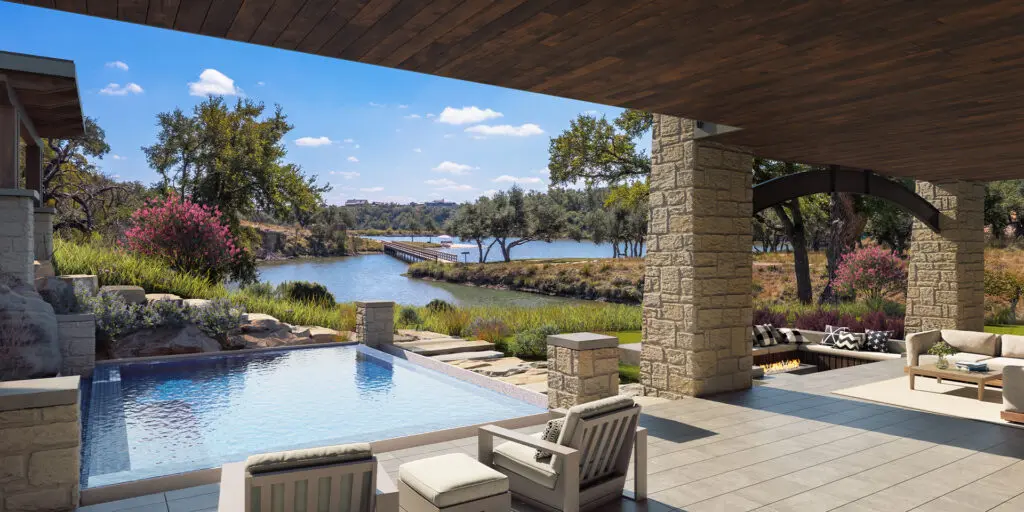 Lake House 1 is the first of five shared-ownership Lake Houses planned along the store of Longhorn Lake. (Artist Rendering courtesy of Boot Ranch)