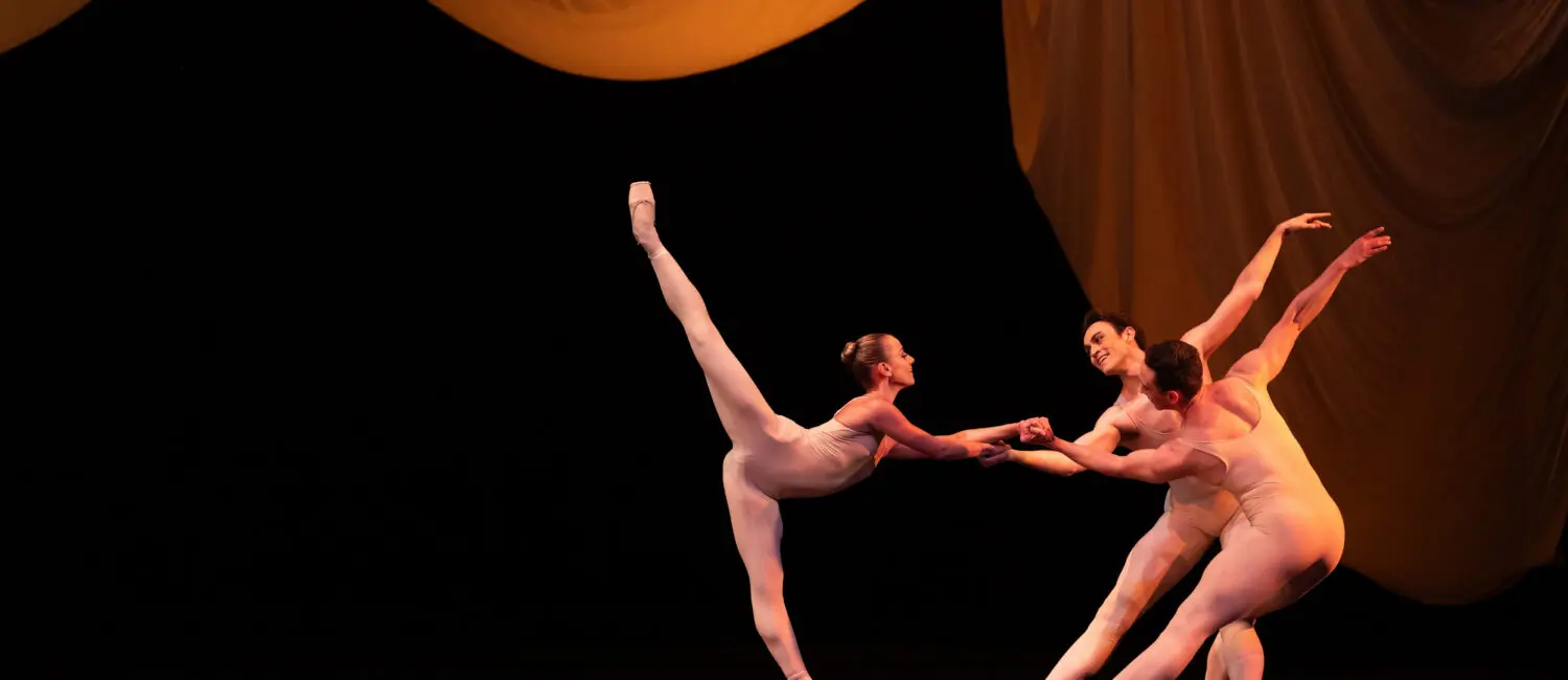 Houston Ballet first soloist Tyler Donatelli, soloist Aaron Daniel Sharratt, and Corp de Ballet dancer Riley McMurray in Ben Stevenson’s “Four Last Songs” (Photo by Amitava Sarkar. Courtesy Houston Ballet.)