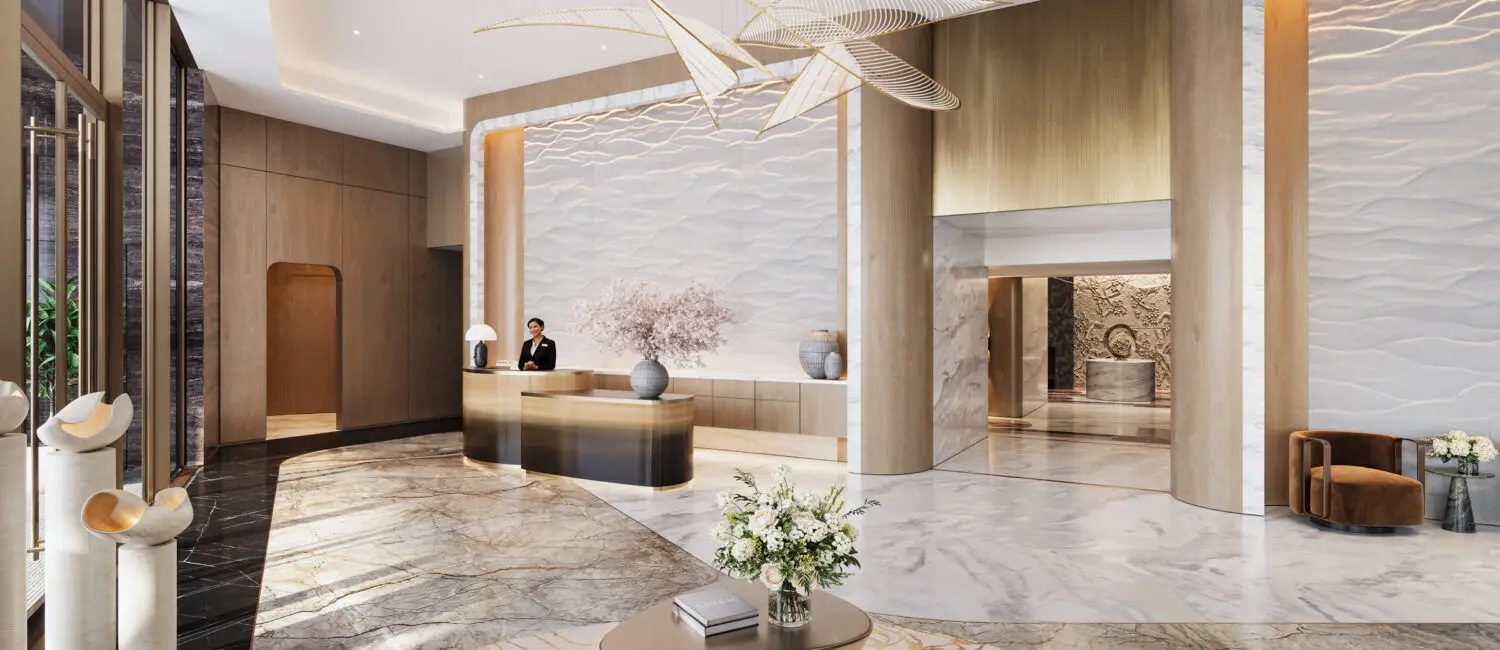 3- Lobby, The St, Regis Residences, Houston; Rendering Courtesy of Shimahara Visual