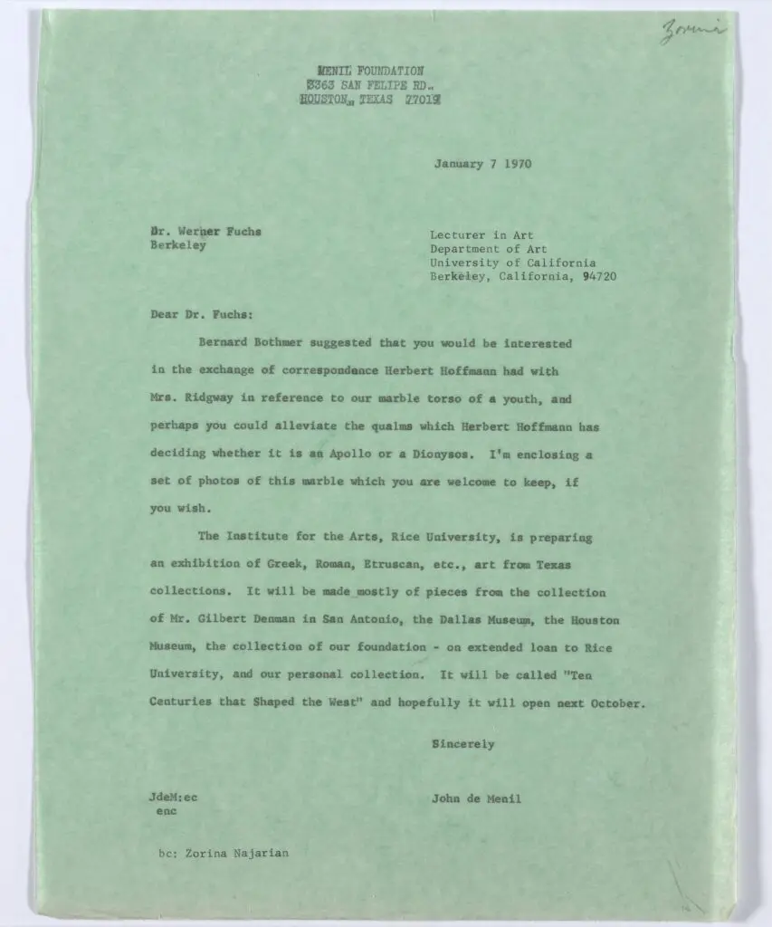 A copy of the letter from John de Menil to Werner Fuchs, January 7, 1970, that launched this exhibition (Courtesy The Menil Collection, Houston)
