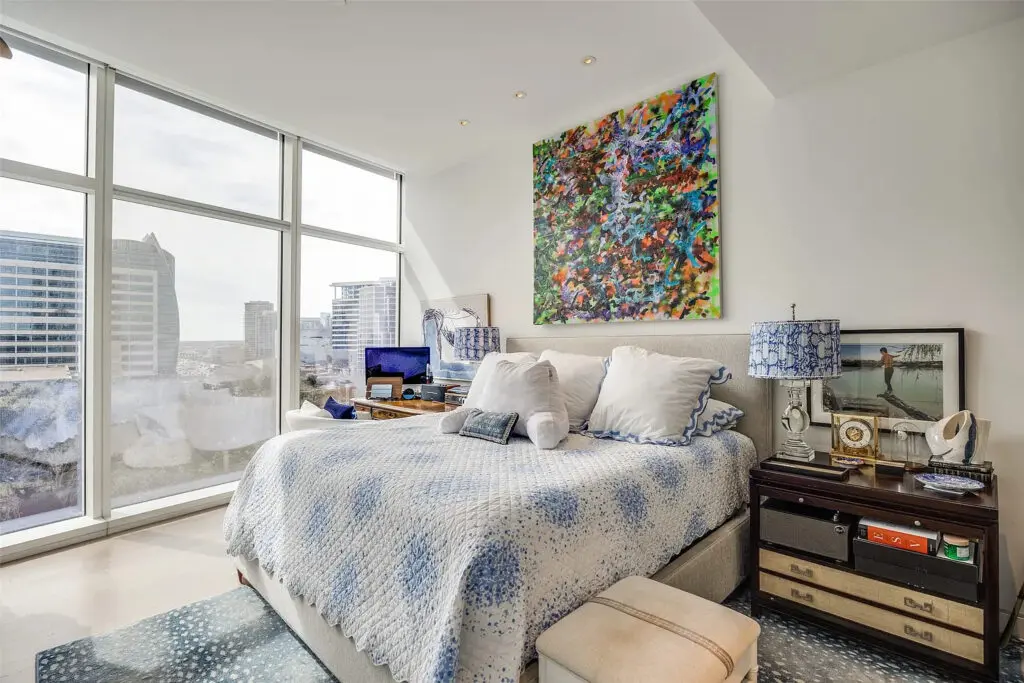 The guest bedroom in Unit 502 at Museum Tower. (Photo by Compass RE Texas)