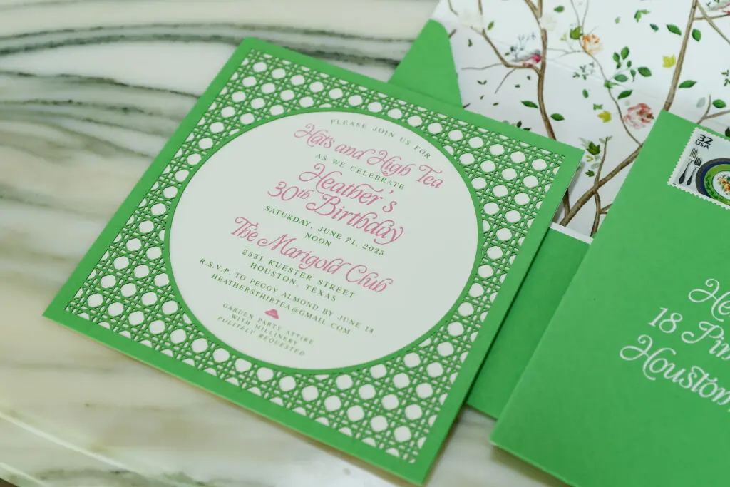 Dallas’ 5 by 7 Designs to create the invitations, the menus and the beautifully curated vintage stamps. (Photo by Priscilla Dickson)