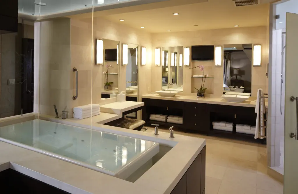 Every suite features cutting-edge Kohler bathroom products, including infinity edge soaking tubs.