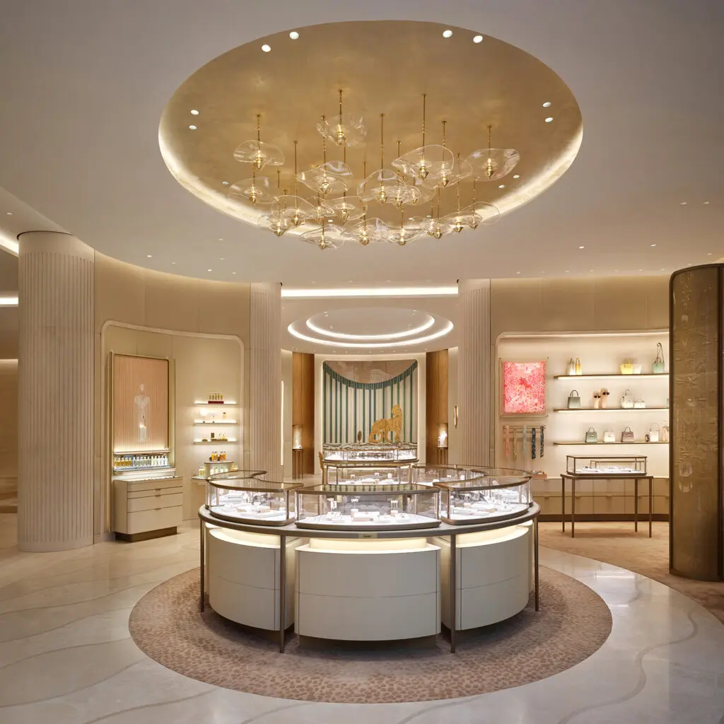 Design of the re-imagined Cartier boutique gives a nod to the Astrodome's iconic roof and circular profile. 