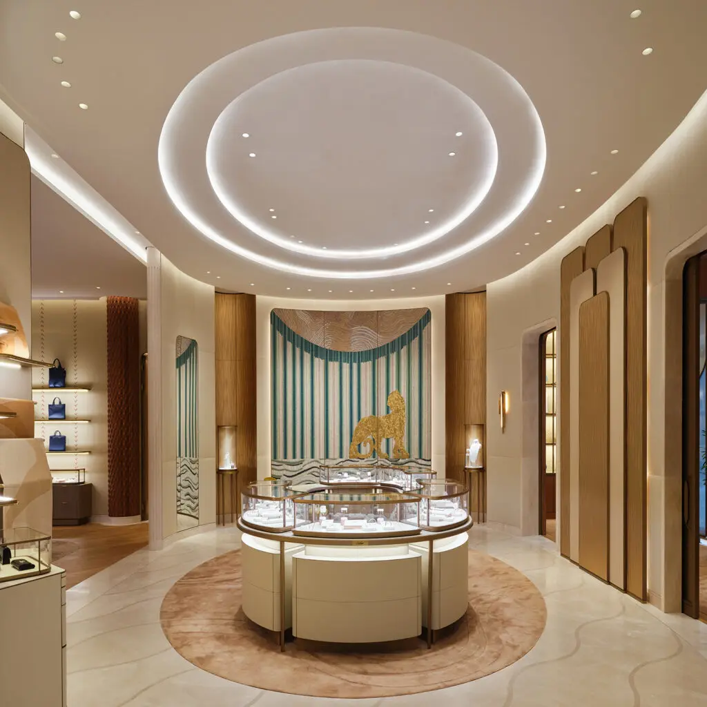 Circular motifs in the re-imagined, expanded Cartier boutique in River Oaks District give a nod to the circular design of the Astrodome.