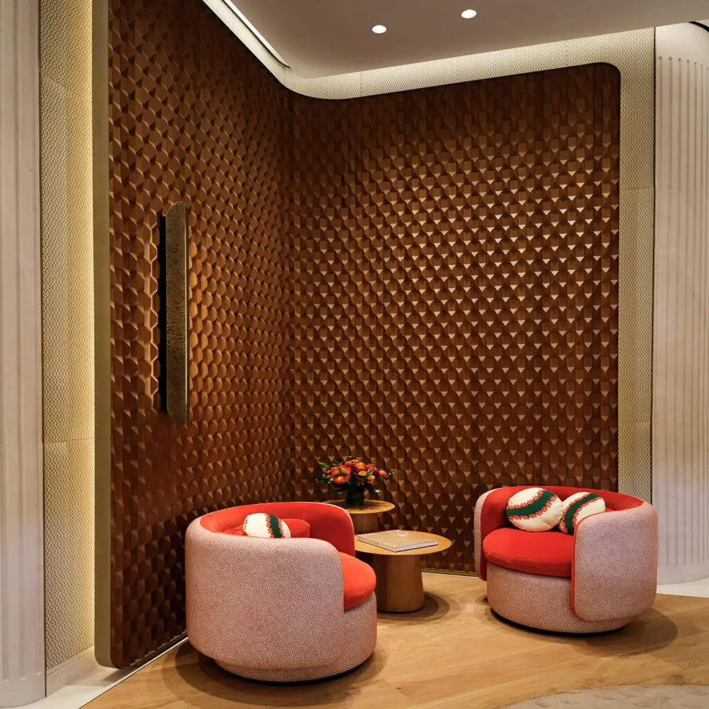 A subtle reference to Houston's love for baseball in throw pillows in the new Cartier boutique in River Oaks District.