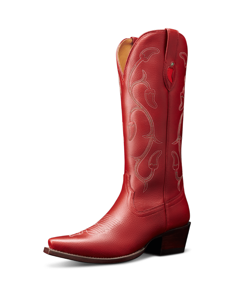 For the women's boot, Tecovas stitched a tonal chili pepper design on their best-selling "Annie" style, which features a snip toe and deep scallop. (Photo by Tecovas x Chili’s)