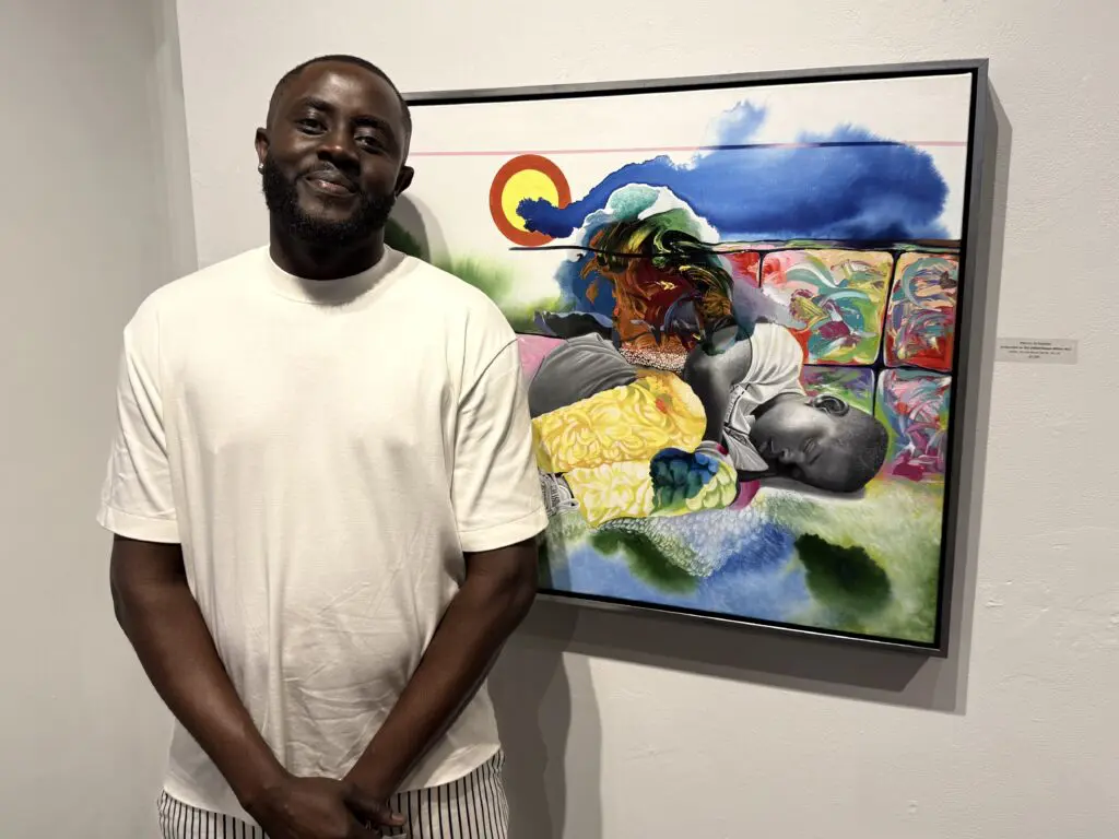 Artist Mathieu JN Baptiste won First Place for his acrylic, oil and ink on
canvas painting titled "Ce
Qui Dort en Moi (What Sleeps Within me)" in Archway Gallery's 17th Annual Juried Exhibition, juried by artist Rick Lowe. Baptiste receives a $500 cash prize and guest artist privileges at Archway Gallery for the month of August. (Courtesy Archway Gallery, Houston)