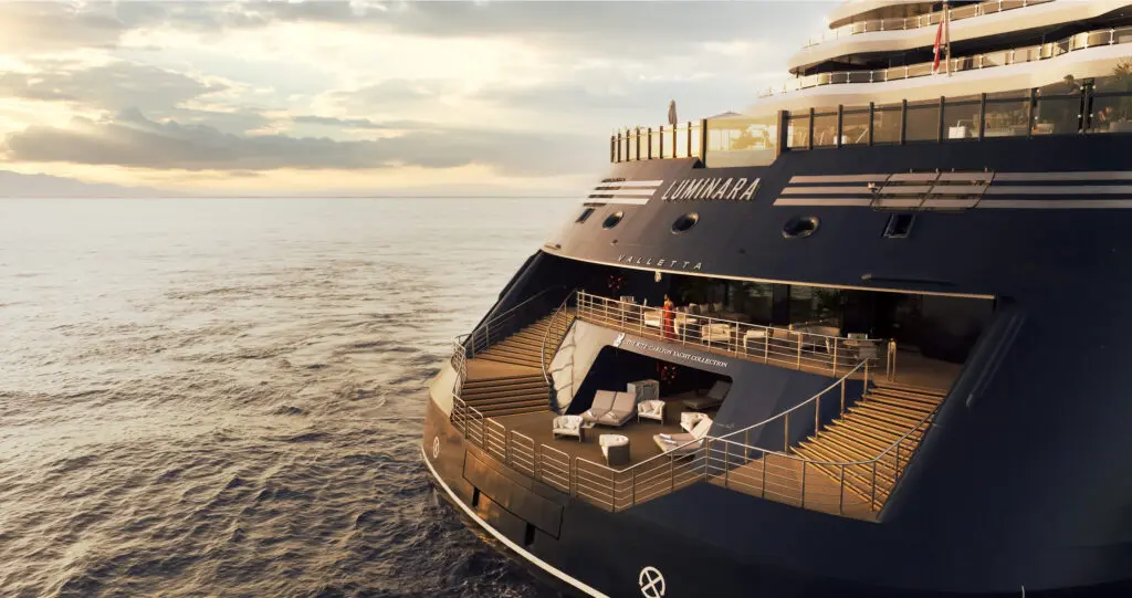 Drone capture of the Marina on Luminara.  (Photo courtesy of Ritz-Carlton Yacht Collection)


