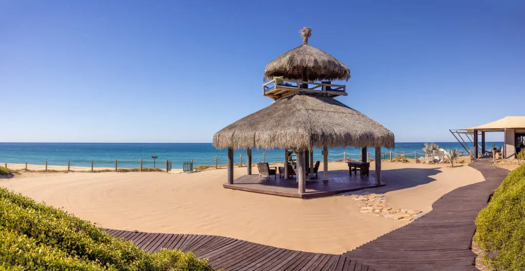 The Palapa and upper level Crow's Nest at Villa Santa Cruz is a beach hub for yoga, sound bowl classes, and whale watching. 