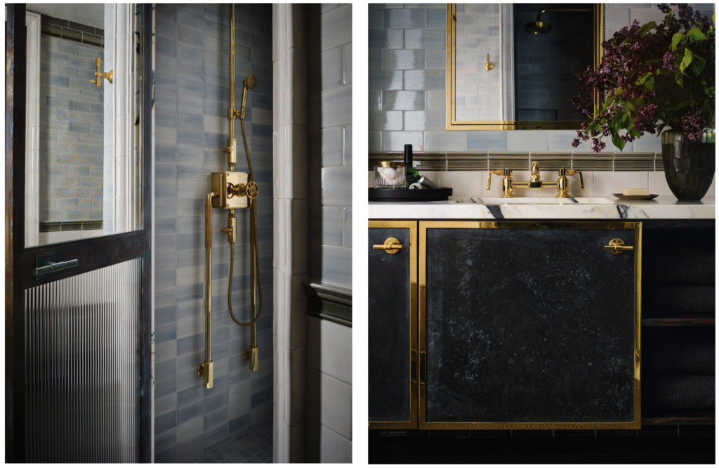 Shown at right, the studio kitchen's bronze door and brass panels are by Urban Archelogy. RW Atlas sink. Waterworks faucet. Medicine cabinet by Urban Archeology. Left, shower door by Casci Ornamental Plaster in custom patinated brass door frame with fluted element. Waterworks' RW
Atlas shower system. Waterworks' Claypaper handmade tile. (Photos by Douglas Friedman)