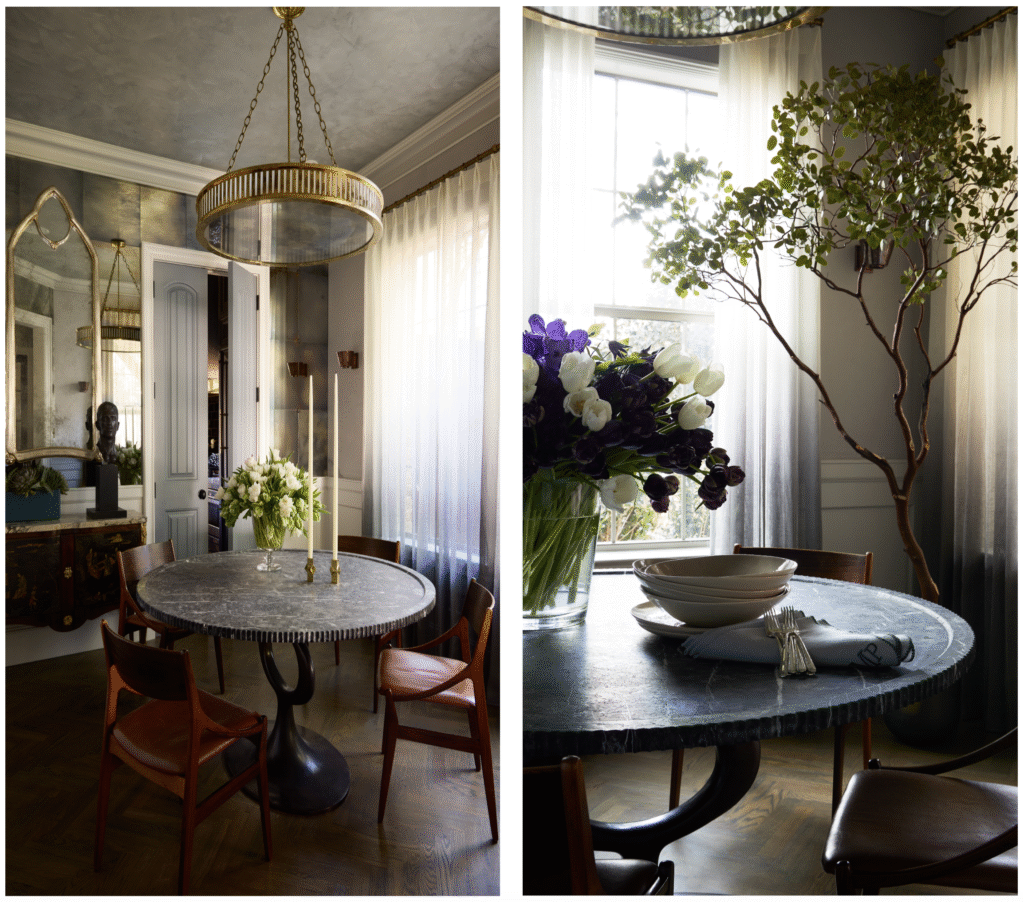 In the dining room, the table base is from Blackman Cruz with custom stone top. Vintage chairs. The Urban Electric Company chandelier. Phillip Jeffries wallpaper. Collier Webb sconces. Mark Beard bronze bust. Gothic-style mirror finished in  antiqued white-gold leaf. (Photo by Kristopher Ellis) 