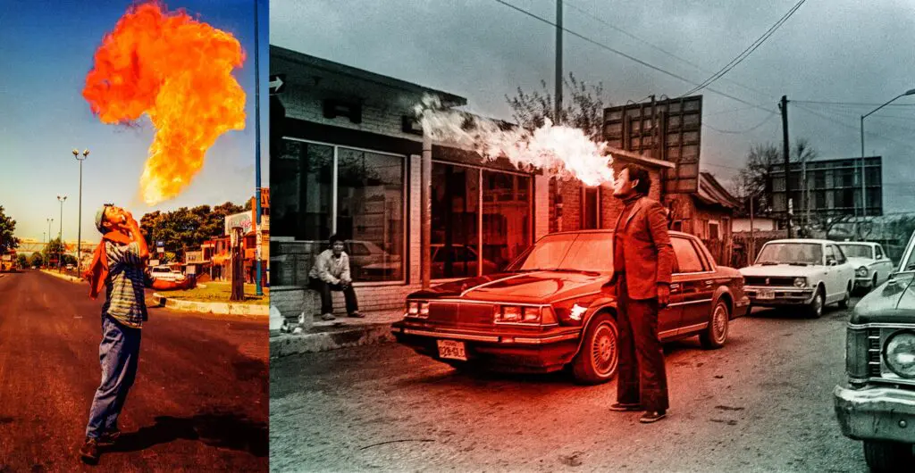 Laura Wilson's "Diptych: Fire Breathers, Uruapan, Michoacán, 2005; Nuevo Laredo, Tamaulipas," 1985, at Meadows Museum, SMU (© Laura Wilson)
