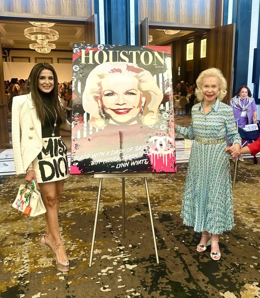 Artist Sneha Merchant, Hall of Fame Icon Lynn Wyatt at the PaperCity Philanthropy in Fashion Best Dressed Luncheon (Courtesy photo)