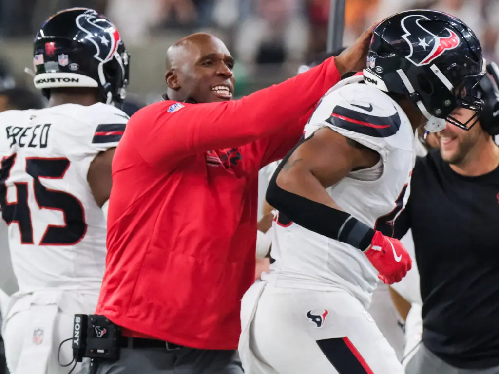 Houston Texans coach DeMeco Ryans likes to celebrate his guys. (Photo by F. Carter Smith)