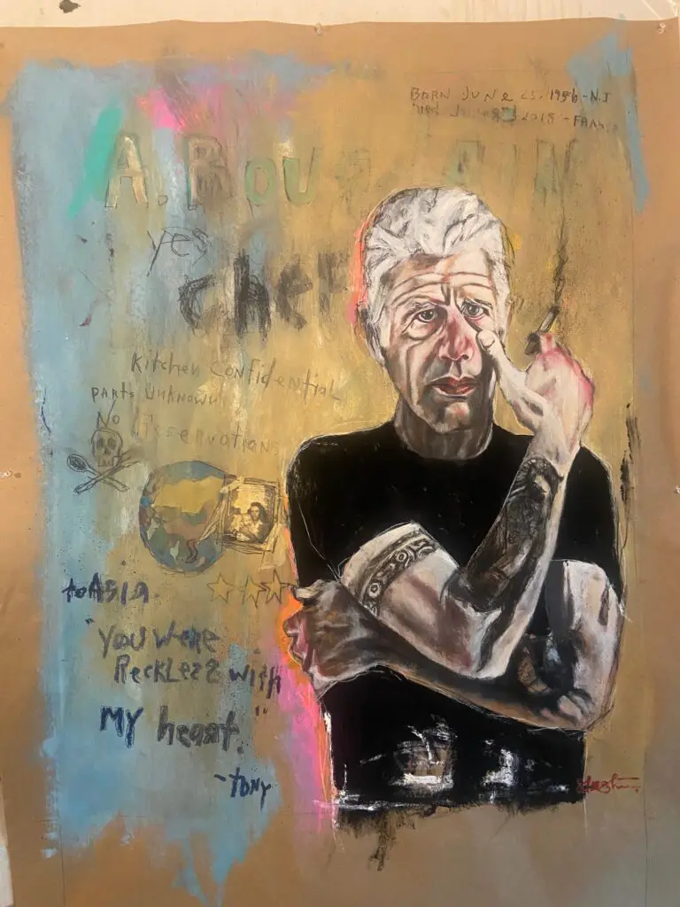 Tra Slaughter’s portrait of Anthony Bourdain captures both his grit and vulnerability. (Photo courtesy Tra Slaughter)