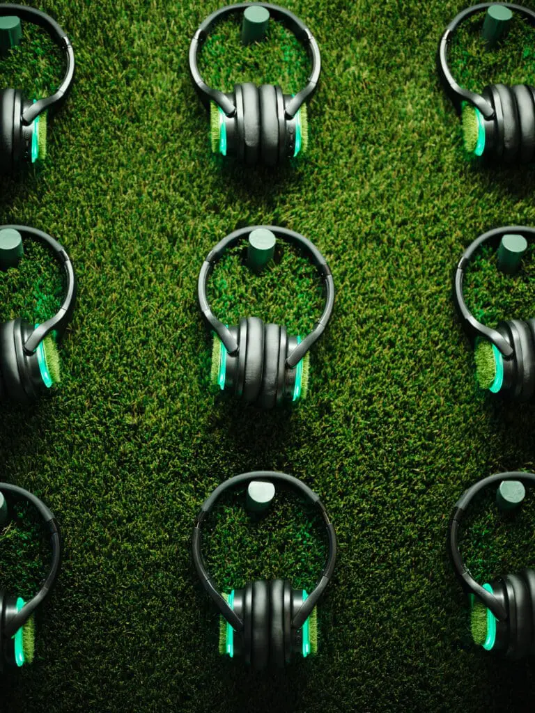 To deepen their auditory experience, guests wear grass-covered headphones during the exhibit. (Photo by SWOON, the studio)