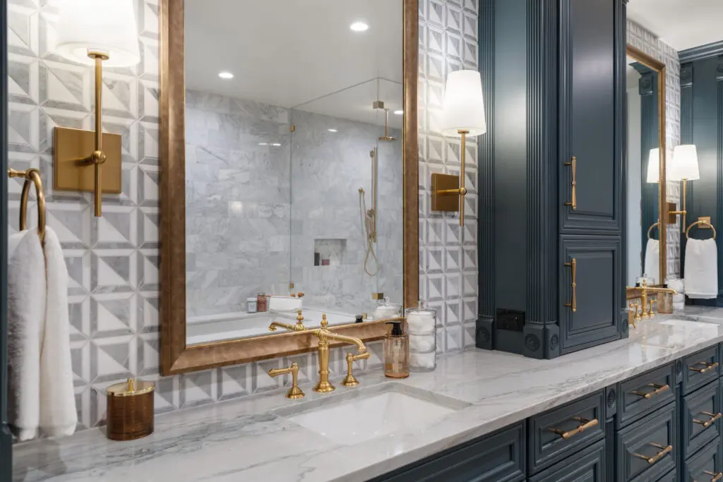 Detail of the luxe finishes in bathrooms at The Langley apartment building. (Photo by Josh Gremillion with Gremillion Media) 