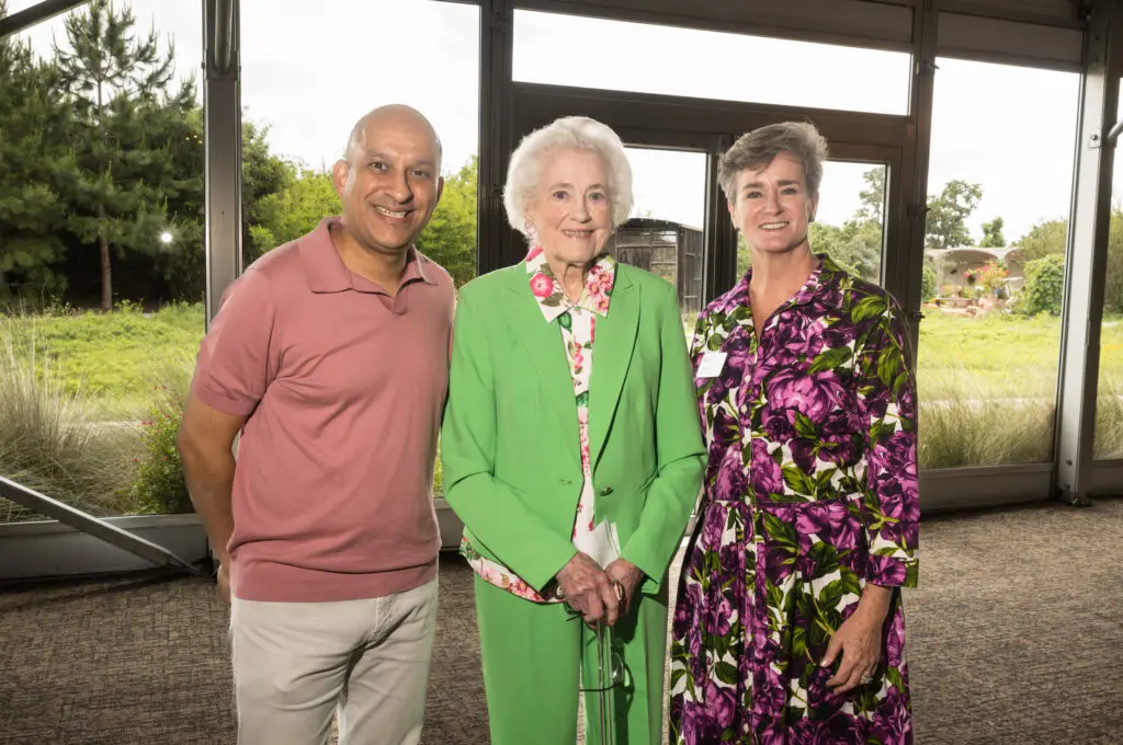 Houston Botanic Garden board chair Beto Cardenas, honoree Nancy Thomas, Houston Botanic Garden CEO Jill Barry at the luncheon in the garden. (Photo by Daniel Ortiz)