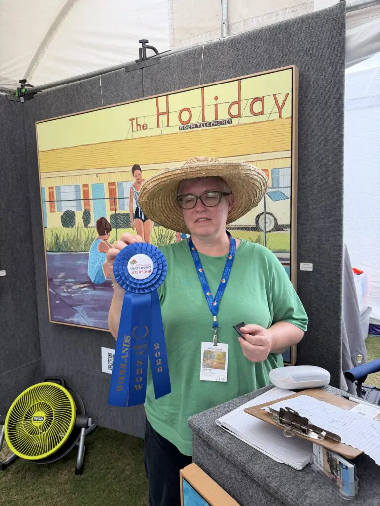 Margaret Baker of Winter Springs, Florida, won Best of Show in Painting at the 2026 Woodlands Waterway Arts Festival. (Photo by Laura Landsbaum)