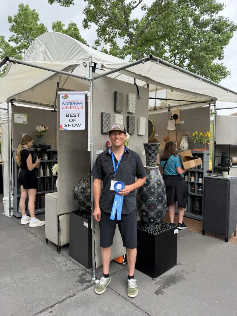 Matt Conlon of Utah won Best of Show in Ceramics at the 2026 Woodlands Waterway Arts Festival. (Photo by Laura Landsbaum)