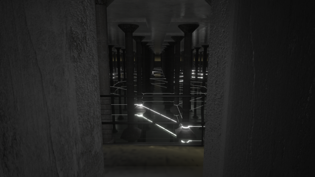 Pulses of light travel across the cavernous space of the Buffalo Bayou Park Cistern in Rafael Lozano-Hemmer's "Undercurrents." (Photo courtesy Buffalo Bayou Partnership)