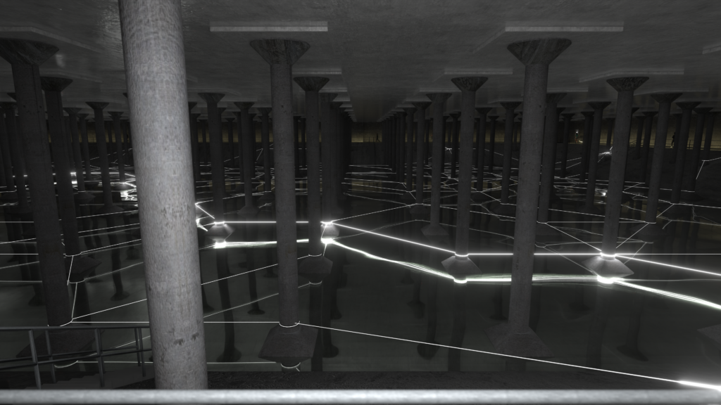 Light pulses move through the cavernous interior of the Buffalo Bayou Park Cistern in Rafael Lozano-Hemmer's "Undercurrents." (Photo courtesy Buffalo Bayou Partnership)